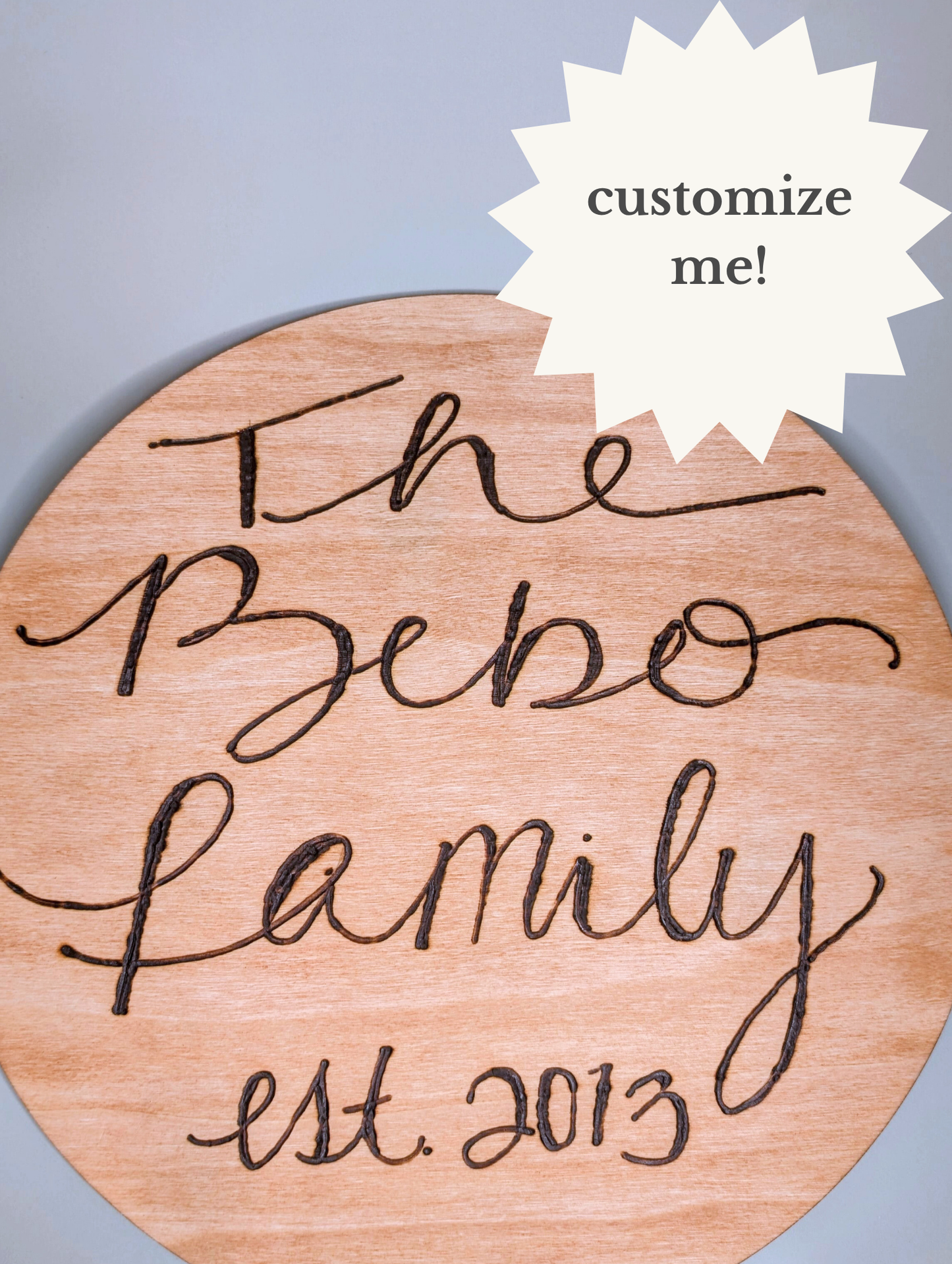 Hand-Burned Family Name Sign – 12” Rustic Wooden Wall Art in Modern Calligraphy
