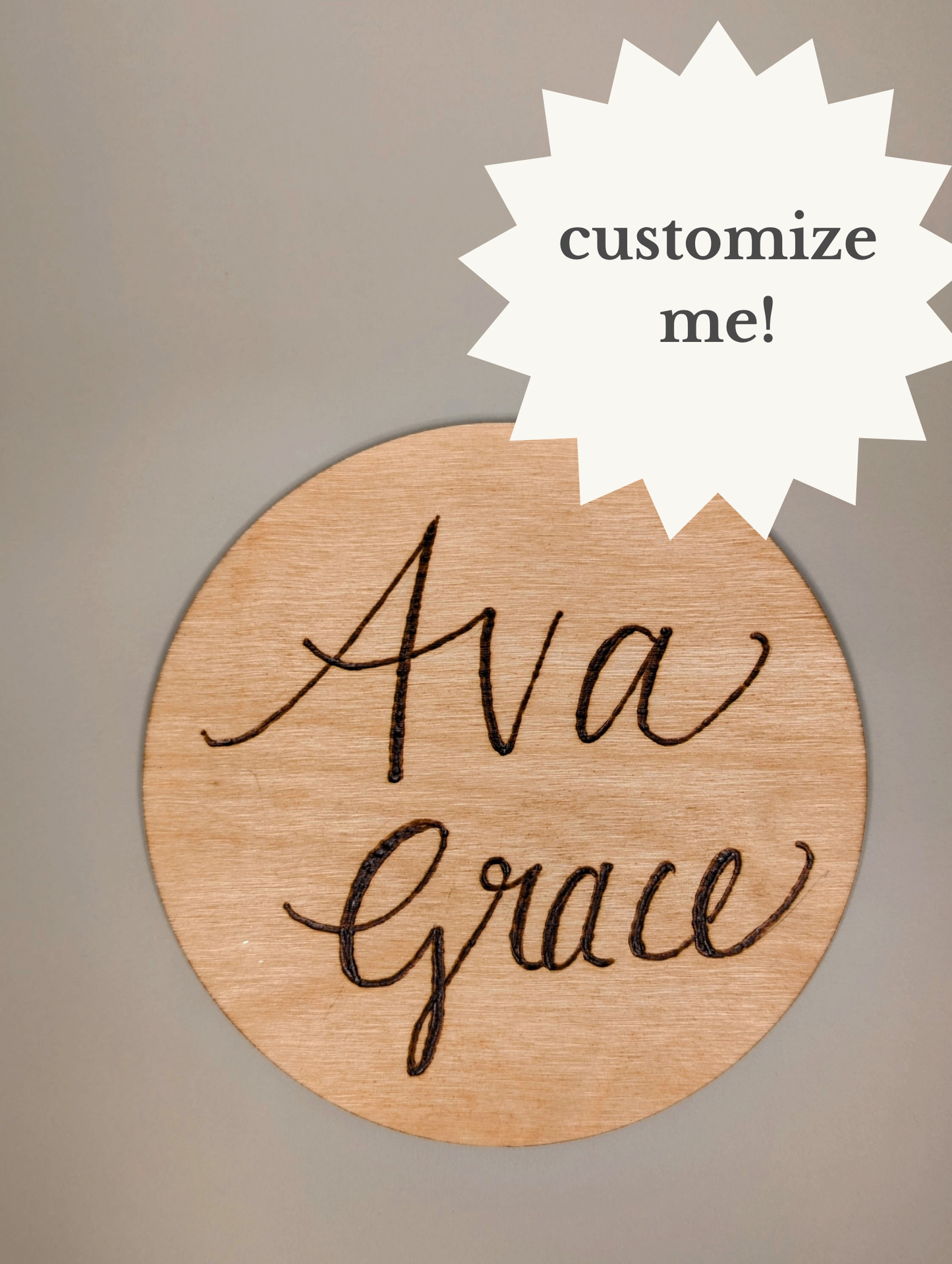 Personalized Wood-Burned Baby Name Disc β Hand-Lettered Keepsake (6")