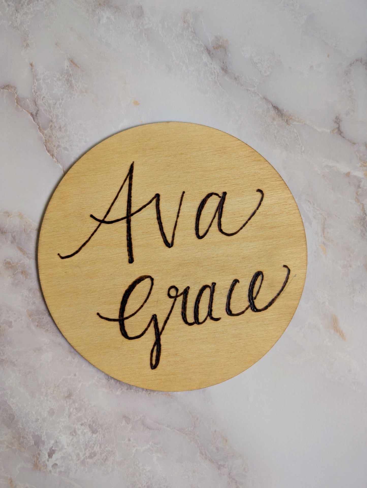 Personalized Wood-Burned Baby Name Disc β Hand-Lettered Keepsake (6")
