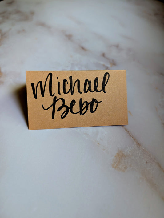 Rustic Kraft Calligraphy Place Cards – Handwritten Tent Cards for Weddings & Events (2" x 3.5")
