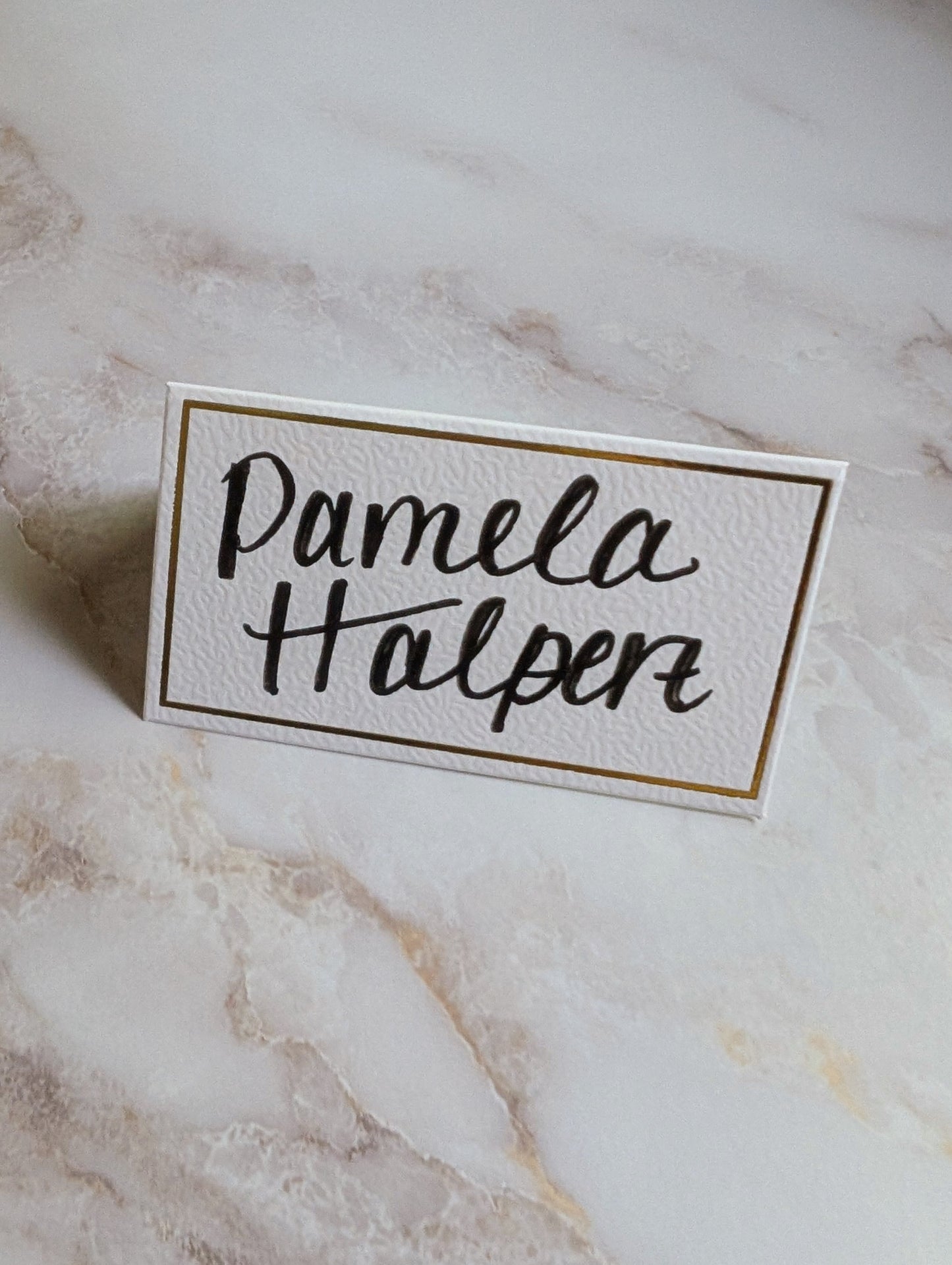 Elegant White & Gold Calligraphy Tent Cards – Wedding Place Cards or Event Table Markers