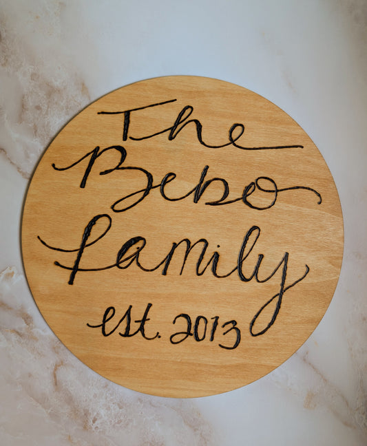 Hand-Burned Family Name Sign – 12” Rustic Wooden Wall Art in Modern Calligraphy